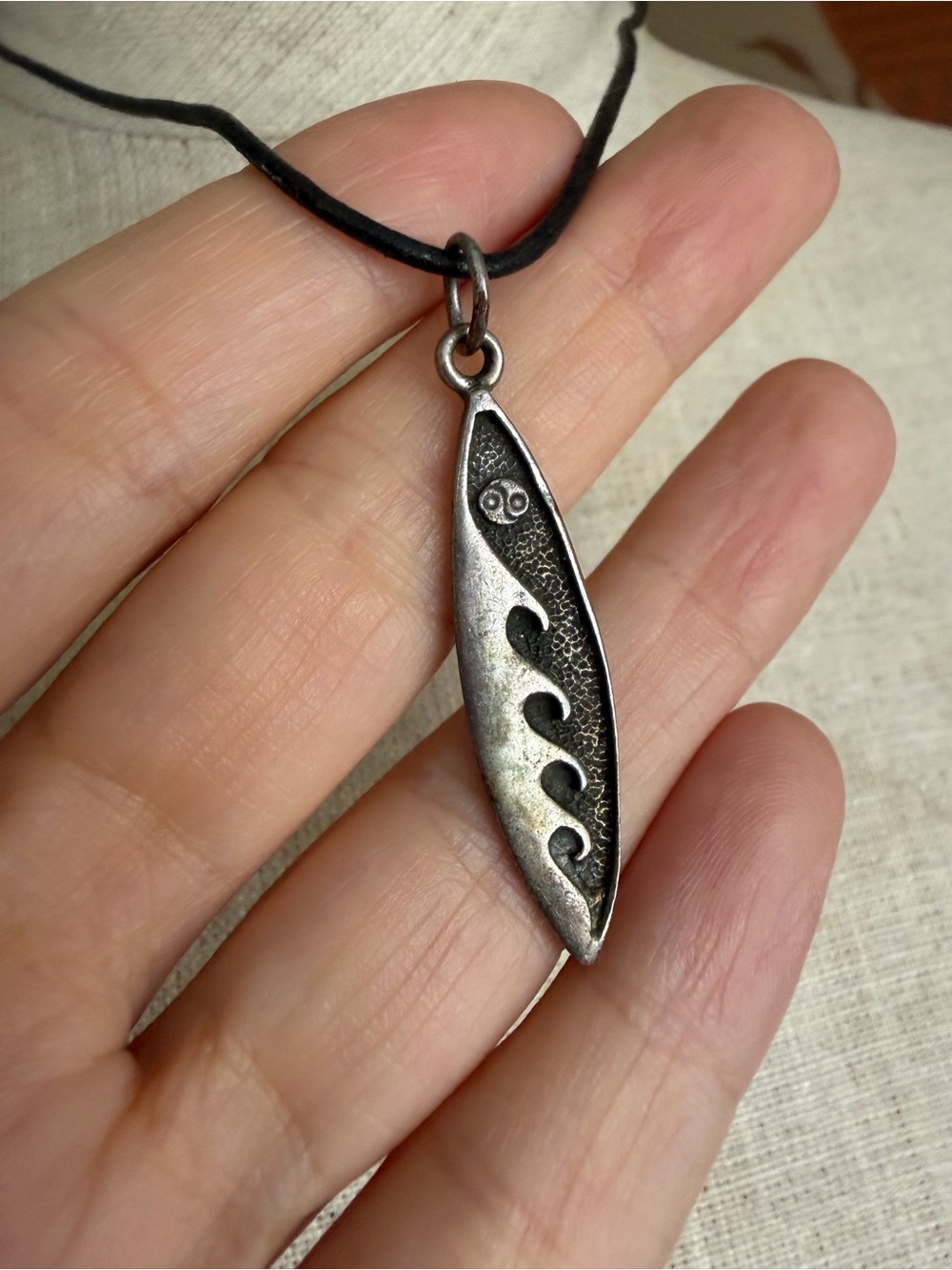 Vintage 925 Sterling Silver Surfboard Ocean Wave Pendant Necklace Boho Beachy